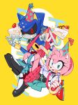  1boy 1girl 3mia_hadi3 amy_rose animal_nose bow breasts buttons cake cake_slice food fork furry furry_female green_eyes highres holding holding_fork kneehighs looking_at_viewer metal_sonic plate red_bow red_skirt robot shirt shoes skirt socks sonic_(series) tongue tongue_out white_shirt 