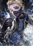  1boy absurdres alva_lorenz alva_lorenz_(warden) animal_on_hand annojou_haruto black_gloves black_sclera black_shirt blonde_hair blue_cape blue_eyes blue_gemstone blue_jacket bug cape collared_cape colored_sclera electricity facial_mark fur-trimmed_cape fur_trim gem glint gloves hair_slicked_back highres identity_v jacket key looking_at_viewer male_focus mask moth mouth_mask official_alternate_costume shirt short_hair snow solo upper_body 