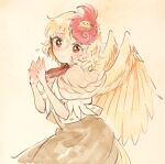  1girl animal animal_on_head bangs bird bird_on_head bird_wings blonde_hair blouse blush brown_capelet brown_dress capelet chick closed_mouth cowboy_shot dot_nose dress feathered_wings flustered flying_sweatdrops furrowed_brow hair_behind_ear hair_between_eyes hands_up itomugi-kun looking_at_viewer looking_to_the_side neckerchief niwatari_kutaka on_head own_hands_together puffy_short_sleeves puffy_sleeves red_eyes red_neckerchief sepia_background shirt short_hair short_sleeves shy simple_background solo standing steepled_fingers touhou w_arms wavy_hair wings yellow_wings 