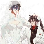  1boy 1girl abs absurdres anger_vein bangs black_hair blush bride brown_hair cleavage_cutout clothing_cutout dress english_text falling_feathers flower flower-shaped_pupils genshin_impact gradient_hair groom hair_between_eyes hand_on_another&#039;s_back hand_on_another&#039;s_head height_difference highres hu_tao_(genshin_impact) jewelry jullian_sama long_hair long_sleeves looking_at_viewer multicolored_hair open_mouth red_eyes red_shirt ring role_reversal rose shirt smile sparkle star-shaped_pupils star_(symbol) symbol-shaped_pupils toned toned_male twintails upper_body wedding wedding_dress wedding_ring white_flower white_rose zhongli_(genshin_impact) 