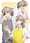  1boy 2022chirp adjusting_hair apron arven_(pokemon) bangs brown_hair collared_shirt commentary_request eyelashes frills grey_apron grey_eyes hair_tie_in_mouth hand_on_hip hands_up highres holding long_hair mabosstiff male_focus mouth_hold multiple_views naranja_academy_school_uniform necktie onion orange_necktie pokemon pokemon_(game) pokemon_sv school_uniform shirt sleeves_past_elbows speech_bubble translation_request twitter_username watermark white_shirt yellow_apron 