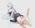  1girl absurdres animal_ears asymmetrical_bangs asymmetrical_hair bangs bare_legs barefoot black_dress blue_hair braid dress feet foot_focus foreshortening frilled_dress frills gloves hair_between_ass highres legs long_hair looking_at_viewer looking_back lying mejiro_ardan_(umamusume) on_stomach presenting_foot purple_eyes risa_(pixiv23908854) sidelocks smile soles the_pose toes umamusume very_long_hair white_background white_gloves 