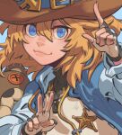  1girl androgyne_symbol blonde_hair blue_background blue_eyes blush bridget_(guilty_gear) brown_headwear closed_mouth cowboy_hat fingerless_gloves gloves guggy_(guirgaleo) guilty_gear guilty_gear_strive hat lips long_hair long_sleeves looking_at_viewer sheriff_badge simple_background smile solo upper_body v zipper_pull_tab 