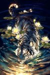  animal closed_mouth commentary english_commentary flower highres lily_pad looking_at_viewer lotus no_humans orange_eyes original ripples tiger water watermark web_address white_flower white_tiger yuumei 
