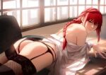  1girl ass bangs braid braided_ponytail chainsaw_man collared_shirt fishnet_thighhighs fishnets garter_belt garter_straps highres long_hair looking_at_viewer makima_(chainsaw_man) necktie red_hair ringed_eyes shirt solo spykeee thighhighs thighs yellow_eyes 