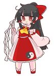  1girl ascot black_hair border bow brown_eyes collared_shirt commentary detached_sleeves frilled_bow frilled_hair_tubes frilled_shirt_collar frilled_skirt frills gohei hair_bow hair_tubes hakurei_reimu highres long_hair op_na_yarou red_bow red_footwear red_shirt red_skirt ribbon-trimmed_sleeves ribbon_trim shirt simple_background skirt sleeveless sleeveless_shirt solo touhou white_background white_border white_sleeves wide_sleeves yellow_ascot yin_yang yin_yang_print 