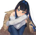  1girl black_hair blue_eyes blue_hair brown_coat clothing_cutout coat denim ear_piercing eus_ing hair_intakes hololive hololive_english jeans knees_up long_hair long_sleeves looking_at_viewer official_alternate_costume official_alternate_hairstyle open_clothes open_coat ouro_kronii pants piercing shoulder_cutout sitting smile solo teeth virtual_youtuber 