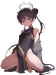  1girl absurdres bangs bare_legs bare_shoulders barefoot black_dress black_hair blue_archive blush breasts butterfly_hair_ornament china_dress chinese_clothes coat covered_navel double_bun dragon_print dress grey_coat grey_eyes groin hair_bun hair_ornament halo highres kisaki_(blue_archive) long_hair looking_at_viewer no_panties off_shoulder pelvic_curtain pinstripe_pattern print_dress simple_background sleeveless sleeveless_dress small_breasts solo spread_legs squatting striped sweat thighs twintails vertical-striped_coat very_long_hair white_background yogu_(user_rxdx2445) 