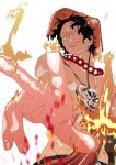  1boy bead_necklace beads black_hair fire flaming_hand hat highres jewelry kojima_takashi male_focus muscular necklace one_piece orange_headwear portgas_d._ace short_hair simple_background smile solo white_background 