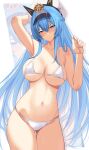  1girl absurdres arm_up armpits ass_visible_through_thighs bangs bikini blue_eyes blue_hair braid breasts commentary goddess_of_victory:_nikke hair_between_eyes hand_up hat helm_(nikke) highres large_breasts light_frown long_hair looking_at_viewer navel sideboob solo stomach swimsuit thigh_gap thighs underboob very_long_hair wabimochi white_bikini white_headwear zoom_layer 