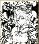  1girl bangs character_name closed_mouth commentary_request greyscale hat high_contrast highres holding holding_instrument instrument ishida_kazuma long_sleeves looking_at_viewer merlin_prismriver monochrome musical_note nail_polish saxophone shikishi short_hair simple_background smile touhou traditional_media trumpet upper_body 