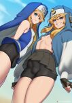  2boys abs androgyne_symbol aqua_eyes bike_shorts bike_shorts_under_skirt black_gloves black_skirt blonde_hair blue_dress bridget_(guilty_gear) bulge dress dual_persona fingerless_gloves finneca gloves grin guilty_gear guilty_gear_strive guilty_gear_xx habit heart highres hood hooded_jacket hoodie jacket long_sleeves looking_at_viewer male_focus mars_symbol medium_hair multiple_boys nun open_clothes open_hoodie otoko_no_ko pleated_skirt puffy_long_sleeves puffy_nipples puffy_sleeves short_hair_with_long_locks skirt smile 