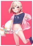  1girl aqua_nails blonde_hair border commentary fujiya highres jacket looking_at_viewer makaino_ririmu midriff navel nijisanji open_clothes open_jacket open_mouth panties peko-chan pink_jacket pointy_ears red_eyes sabamen short_hair simple_background socks underwear virtual_youtuber white_border 