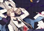  2boys ascot bangs black_ascot black_background black_gloves blonde_hair blood blood_on_clothes blood_on_weapon blood_splatter blue_jacket brooch collared_shirt cowboy_shot dual_persona fate/grand_order fate_(series) glasses gloves green_eyes grey_vest grin hair_between_eyes half_gloves hand_on_another&#039;s_face hand_on_own_stomach jacket jacket_on_shoulders jekyll_and_hyde_(fate) jewelry knife letter lying male_focus miyamakoume multiple_boys on_back open_clothes open_collar open_vest pants paper potion purple_pants red_eyes rotational_symmetry shirt short_hair sideways_glance smile spiked_hair spill suspenders upper_body vest vial weapon white_shirt 
