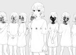  6+girls arms_at_sides arms_behind_back bangs blunt_ends clone closed_mouth covered_face expressionless facing_viewer feet_out_of_frame from_side gitefusu greyscale hand_on_own_shoulder hand_up highres interlocked_fingers kuu_wo_mitashite looking_at_viewer monochrome multiple_girls own_hands_together photo_inset shirt short_hair short_sleeves simple_background solid_eyes standing swept_bangs t-shirt twitter_username 