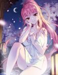  1girl artist_name bangs bare_arms bare_shoulders blunt_bangs blush breasts cherry_blossoms cleavage collarbone commission crescent_moon feet_out_of_frame hand_on_own_cheek hand_on_own_face kneeling lantern large_breasts long_hair looking_at_viewer moon naked_towel night night_sky onsen original outdoors parted_lips petals pink_hair ponytail red_eyes sky smile solo soriya towel twitter_username very_long_hair 
