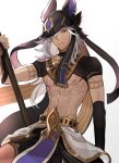  1boy abs absurdres animal_ears arm_armor arm_up bangs black_choker black_headwear black_shirt black_shorts choker collarbone cropped_legs cyno_(genshin_impact) dark-skinned_male dark_skin earrings fake_animal_ears genshin_impact gold_earrings gold_trim grey_hair ground ha_ze hair_over_one_eye hand_up helmet highres holding holding_polearm holding_weapon jackal_ears jewelry long_hair male_focus nipples parted_lips pectorals polearm red_eyes shirt short_sleeves shorts sidelocks simple_background solo teeth weapon white_background 