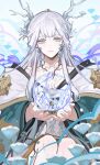  1girl allis-well bangs blunt_bangs closed_mouth collarbone facial_mark grey_eyes highres japanese_clothes light_smile long_hair long_sleeves looking_at_viewer onmyoji shiki_(onmyoji) solo very_long_hair white_hair wide_sleeves 