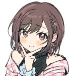  1girl bangs braid brown_eyes brown_hair closed_mouth commentary_request earrings hair_ornament hairclip jacket jacket_partially_removed jewelry looking_at_viewer nail_polish pjmiyo project_sekai scrunchie short_hair sleeveless solo white_background wrist_scrunchie 
