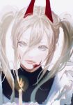  1girl 637_00e_seran bangs blonde_hair blood blood_on_face candle chainsaw_man cross-shaped_pupils hair_between_eyes highres horns looking_at_viewer maid medium_hair power_(chainsaw_man) red_horns simple_background solo symbol-shaped_pupils twintails white_background yellow_eyes 