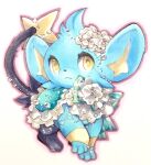  :3 animal_focus aqua_capelet bow bowtie capelet closed_mouth clothed_pokemon commentary english_commentary flower frilled_capelet frills full_body green_bow green_bowtie hair_flower hair_ornament highres looking_at_viewer mixed-language_commentary mofu_(moffuri_sippo) no_humans outline pokemon pokemon_(creature) red_outline shinx simple_background solo standing striped striped_bow striped_bowtie traditional_media white_background white_flower yellow_eyes 