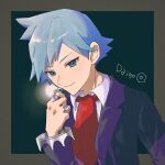  1boy anidf bangs black_jacket blue_hair border character_name closed_mouth collared_shirt commentary_request green_eyes hand_up highres jacket jewelry long_sleeves male_focus necktie pokemon pokemon_(game) pokemon_oras red_necktie ring shirt short_hair smile solo steven_stone upper_body white_shirt 