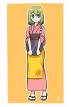  1girl apron bangs blue_eyes brown_footwear closed_mouth commentary_request full_body green_eyes green_hair hair_between_eyes highres holding holding_tray japanese_clothes kimono long_hair looking_at_viewer muu_(mumumer) obi orange_background original outline pink_kimono sash short_sleeves smile socks solo standing tabi tasuki tray two-tone_background waist_apron white_background white_outline white_socks yellow_apron yunomiya_agari zouri 