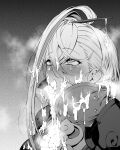  1girl bukkake cum cum_in_mouth cum_on_body cum_on_clothes cum_on_hair cum_pool cum_string cumdrip f.w.zholic facial fate/grand_order fate_(series) greyscale hair_ornament hairpin high_collar highres huyan_zhuo_(fate) long_hair monochrome ponytail rolling_eyes solo 