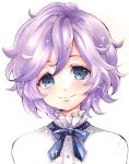  1boy bangs blue_eyes blue_ribbon blush buttons closed_mouth commentary epel_felmier frilled_shirt_collar frills happy highres light_blush looking_at_viewer male_focus mofu_(moffuri_sippo) neck_ribbon purple_hair ribbon shirt short_hair sidelocks simple_background smile solo sparkle split_mouth straight-on traditional_media twisted_wonderland upper_body white_background white_shirt 