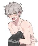  1boy bangs blush covering dohyo123123 embarrassed ensemble_stars! fangs grey_hair highres holding holding_clothes jewelry male_focus necklace oogami_koga open_mouth short_hair simple_background solo topless_male white_background yellow_eyes 