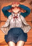  1girl ao_no_hako_(wsj) blush chono_hina collared_shirt desk from_above hands_up highres jacket looking_at_viewer lying memidesuyo neck_ribbon on_back on_desk open_clothes open_jacket parted_lips pleated_skirt red_eyes red_hair red_ribbon ribbon shirt short_hair skirt solo white_shirt 