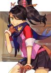  1girl ace_attorney ace_attorney_investigations ace_attorney_investigations:_miles_edgeworth bangs black_hair bright_pupils brown_hair cowboy_shot gloves green_eyes grin high_ponytail hungry_clicker kay_faraday looking_at_viewer one_eye_closed pleated_skirt scarf skirt sleeves_rolled_up smile solo standing swept_bangs white_pupils 