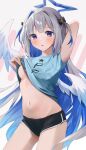  1girl absurdres amane_kanata angel_wings black_shorts blue_hair blue_shirt breasts clothes_lift colored_inner_hair commentary_request cowboy_shot dolphin_shorts feathered_wings grey_hair halo highres hololive lifted_by_self long_hair midriff multicolored_hair navel nel_dcm no_bra official_alternate_hair_length official_alternate_hairstyle parted_lips purple_eyes shirt shirt_lift shorts simple_background small_breasts solo stomach two_side_up underboob virtual_youtuber white_background white_wings wings 
