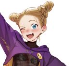  1girl :d black_bra blue_eyes blush bra braid braided_bun cone_hair_bun cropped_hoodie double_bun emoji fangs flat_chest haguhagu_(rinjuu_circus) hair_bun highres hood hood_down hoodie looking_at_viewer one_eye_closed original pleading_face_emoji purple_hoodie sasha_(haguhagu) simple_background smile solo underwear upper_body white_background 