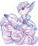  alolan_vulpix animal_focus bangs blue_bow blue_eyes blue_outline bow commentary english_commentary fluffy full_body fur_collar grey_hair highres mixed-language_commentary mofu_(moffuri_sippo) no_humans open_mouth outline own_hands_together pawpads pokemon pokemon_(creature) short_hair simple_background sitting solo spread_legs striped striped_bow traditional_media white_background 