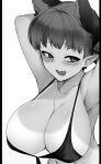  1girl animal_ears arms_up bangs blush breasts cat_ears cat_girl cleavage commentary extra_ears fang greyscale kaenbyou_rin large_breasts looking_at_viewer mizuga monochrome navel nekomata open_mouth pointy_ears skin_fang solo symbol-only_commentary tan tanlines touhou upper_body 