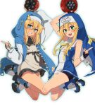  2boys absurdres akira_(salmo-tora-ke) androgyne_symbol aqua_eyes bike_shorts bike_shorts_under_skirt black_gloves black_ribbon black_skirt blonde_hair blue_dress bridget_(guilty_gear) cross cuffs dress fingerless_gloves gloves green_eyes grin guilty_gear guilty_gear_strive guilty_gear_xx habit highres hood hood_up hooded_jacket jacket latin_cross long_sleeves looking_at_viewer male_focus mars_symbol medium_hair multiple_boys open_mouth otoko_no_ko puffy_long_sleeves puffy_sleeves ribbon short_hair_with_long_locks skirt smile yellow_ribbon yo-yo 