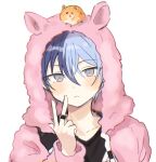  1boy animal_ears aoyagi_touya bangs beat_eater_(vocaloid) blue_hair closed_mouth commentary_request dark_blue_hair fake_animal_ears grey_eyes hamster hood hood_up hooded_jacket jacket jewelry long_sleeves male_focus mole mole_under_eye multicolored_hair pjmiyo project_sekai ring short_hair solo white_background 