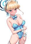  1girl bare_shoulders blonde_hair blue_archive blue_bow blue_bowtie blue_eyes blue_leotard blush bow bowtie braid breasts bun_cover cleavage collarbone covered_navel cowboy_shot detached_collar hair_bun halo highres large_breasts lasts leotard maid_headdress parted_lips short_hair signature single_hair_bun solo strapless strapless_leotard thighhighs toki_(blue_archive) white_thighhighs wrist_cuffs 