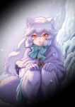  1girl animal_ears arctic_fox_(kemono_friends) blue_bow blue_bowtie blue_skirt bow bowtie capelet coat commentary_request fox_ears fox_girl fox_tail fur_trim gloves hands_on_own_knees highres kemono_friends kosai_takayuki long_hair long_sleeves looking_at_viewer orange_eyes pantyhose pleated_skirt pov skirt snow snowing solo squatting tail white_capelet white_coat white_fur white_gloves white_hair white_pantyhose winter_clothes winter_coat 