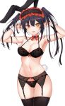  1girl absurdres alternate_costume animal_ears armpits arms_up bad_id bad_twitter_id bare_arms bare_shoulders black_choker black_hair black_thighhighs bow bow_bra bow_panties bra breasts choker cleavage clock_eyes collarbone commission cowboy_shot date_a_live fake_animal_ears fake_tail garter_belt halterneck headdress heterochromia highres lace-trimmed_bra lace-trimmed_panties lace_trim large_breasts lingerie long_hair looking_at_viewer nahanmin navel open_mouth panties rabbit_ears rabbit_tail red_eyes simple_background smile solo spaghetti_strap standing stomach string_bra string_panties symbol-shaped_pupils tail thigh_gap thighhighs thighs tokisaki_kurumi twintails underwear underwear_only uneven_twintails white_background wrist_cuffs yellow_eyes 