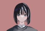  1girl bangs black_hair black_sweater blue_eyes blush bob_cut brown_background closed_mouth collared_shirt commentary_request light_smile looking_at_viewer original portrait shirt short_hair simple_background solo sweater tsurara_eeri tsurime white_shirt 