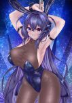  1girl :3 absurdres animal_ears arm_strap armpits arms_up azur_lane bangs bare_shoulders black_leotard blue_eyes blue_hair bodystocking breasts closed_mouth coattails commentary_request covered_collarbone cowboy_shot crossed_bangs fake_animal_ears hair_between_eyes hair_intakes headgear highres large_breasts leotard long_hair looking_at_viewer new_jersey_(azur_lane) new_jersey_(exhilarating_steps!)_(azur_lane) official_alternate_costume pantyhose playboy_bunny pole pole_dancing presenting_armpit rabbit_ears see-through_cleavage sidelocks smile solo standing strapless strapless_leotard stripper_pole very_long_hair wrist_cuffs yanmaa_(yanmar195) 