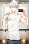  1boy bangs cheritz collarbone holding holding_phone holding_towel lights long_hair official_art phone pocket red_eyes solo susanghan_messenger sweat tank_top teeth third-party_source towel towel_on_one_shoulder white_hair white_tank_top zen_(susanghan_messenger) 