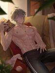  1boy abs absurdres aether_(genshin_impact) ahoge alhaitham_(genshin_impact) bangs bare_pectorals black_pants blurry blurry_foreground book chest_jewel chips_(food) collarbone couch cover cover_page cropped_legs depth_of_field food gem genshin_impact green_eyes green_gemstone grey_hair ha_ze hair_between_eyes hand_on_own_crotch hand_up highres holding holding_book large_pectorals looking_at_viewer male_focus muscular muscular_male navel nipples on_couch pants parted_bangs parted_lips pectorals pillow plant potato_chips product_placement short_hair sidelocks sitting solo toned toned_male topless_male 