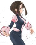  1girl absurdres bangs blush bodysuit boku_no_hero_academia breasts brown_eyes brown_hair highres lewdrawings looking_away medium_breasts self-upload short_hair simple_background skin_tight uraraka_ochako 