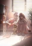  1boy 1girl absurdres barefoot bell blinds brown_hair cat chair choker closed_eyes collar crying day facing_viewer ghost highres indoors knees_up lens_flare macaronk neck_bell original plant potted_plant sitting slippers sunlight window wooden_floor yellow_eyes 