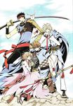  3boys absurdres black_eyes blonde_hair brown_eyes clamp fay_d_flourite highres holding holding_sword holding_weapon katana kurogane_(tsubasa_chronicle) light_brown_hair mokona multiple_boys sakura_hime short_hair sword tsubasa_chronicle weapon xiaolang 