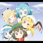  animal_ears bad_id bad_pixiv_id blonde_hair blue_eyes blue_hair blush bow brown_eyes brown_hair cat_ears chen chibi cirno earrings eyes fang flandre_scarlet hat jewelry kawashiro_nitori letterboxed moriya_suwako multiple_girls one_eye_closed open_mouth oriennto ponytail red_eyes short_hair side_ponytail smile touhou two_side_up vampire wings 