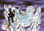  absurdres black_gloves blonde_hair blue_eyes clamp fay_d_flourite gloves head_on_hand highres ice looking_at_viewer male_focus outdoors solo staff tsubasa_chronicle 